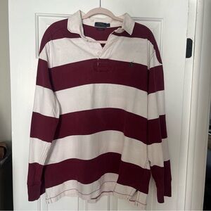 Ralph Lauren Men's Burgundy and White Striped Long Sleeve Rugby Shirt XLARGE